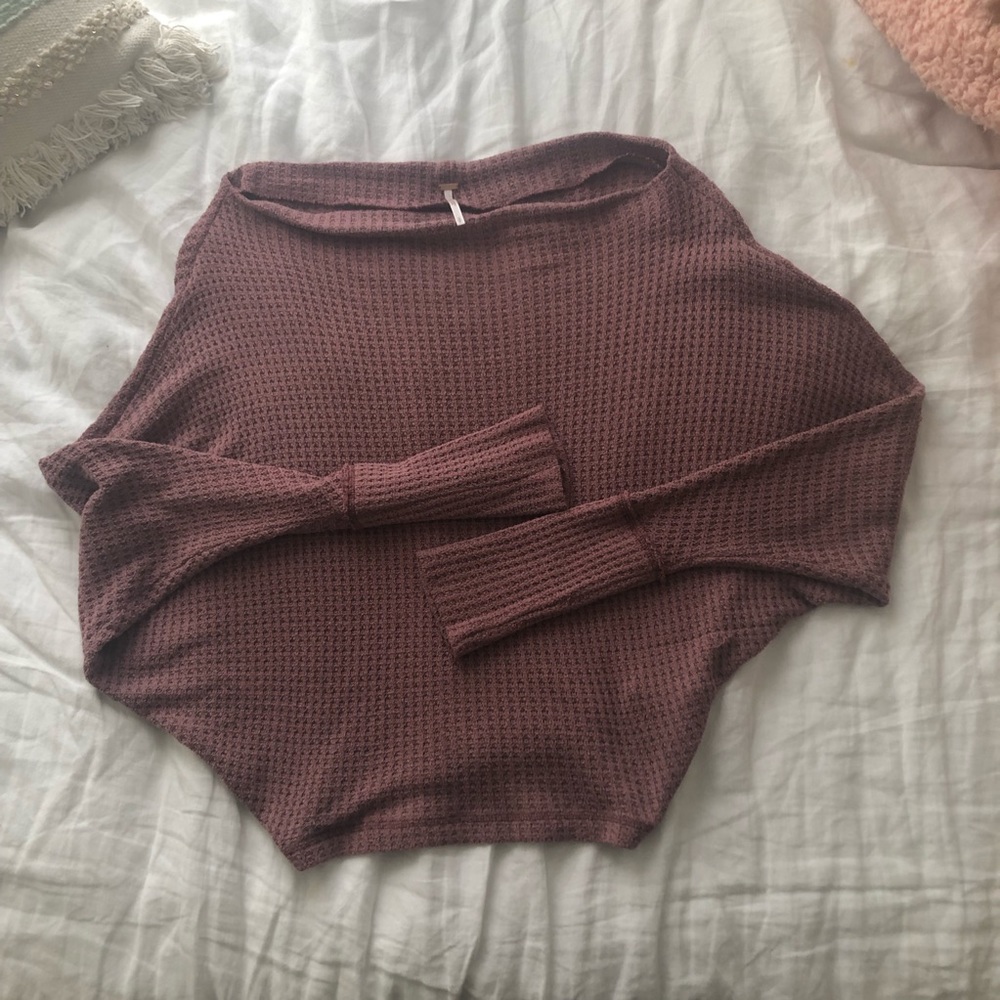 Free People Mauve Waffle-Knit Cropped Sweater
